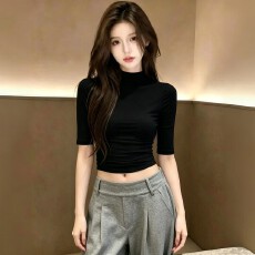 批发辣妹正肩半高领<b class='q'>中袖</b>t恤女夏季修身显瘦百搭短款内搭紧身半袖上衣