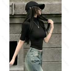批发正肩紧身半袖T恤女夏季新款时尚百搭小众半高领<b class='q'>中袖</b>修身显瘦上衣