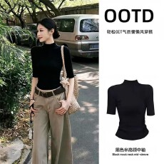 批发正肩紧身半袖T恤女夏季新款时尚百搭小众半高领<b class='q'>中袖</b>修身显瘦上衣