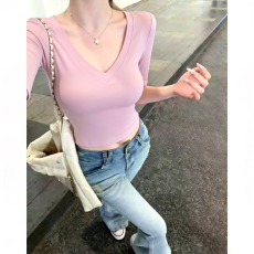 批发辣妹风正肩V领纯色<b class='q'>中袖</b>T恤女夏季新款美式chic纯欲修身显瘦上衣潮