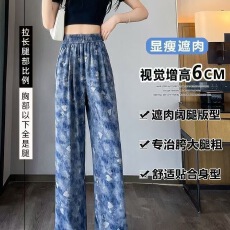 批发冰丝阔腿<b class='q'>裤</b><b class='q'>夏季</b>高腰薄款垂感舒适国风<b class='q'>百搭</b>胖MM弹力爱心印花运动<b class='q'>裤</b>