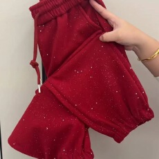批发红色九分束脚星空裤高腰气质女士春夏季薄款运动休闲裤带钻<b class='q'>哈伦裤</b>
