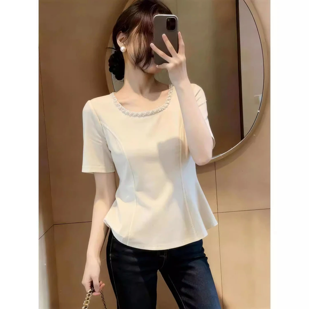 RY7932# 法式小香风重工钉珠短袖上衣女夏大码胖妹妹轻熟气质百搭显瘦T恤