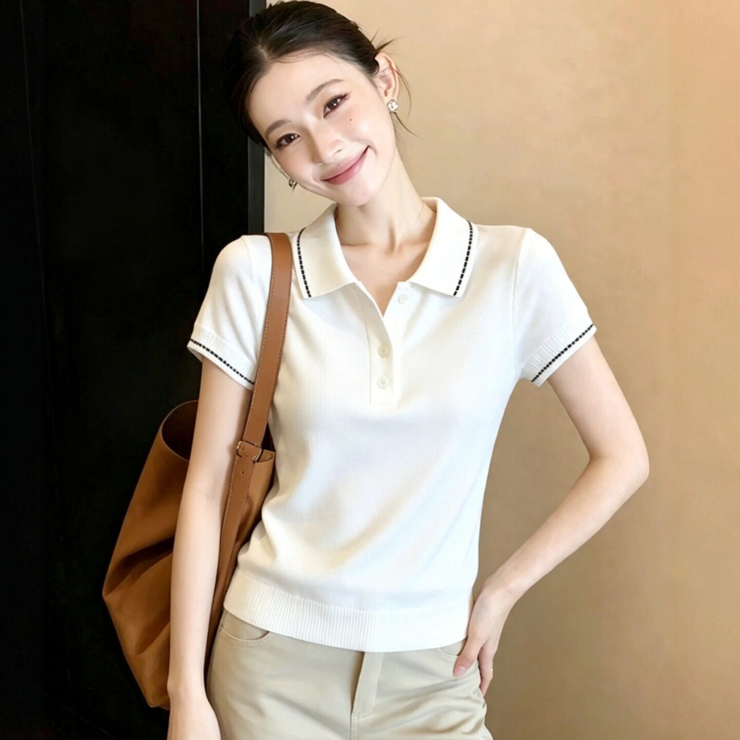 RY7929# 大码超火减龄白色Polo领针织短袖女夏款胖mm设计感薄款针织衫上衣