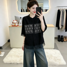 批发大码微胖黑色刺绣衬衫女拼接<b class='q'>欧根纱</b>显瘦梨形藏肉国风气质中袖上衣