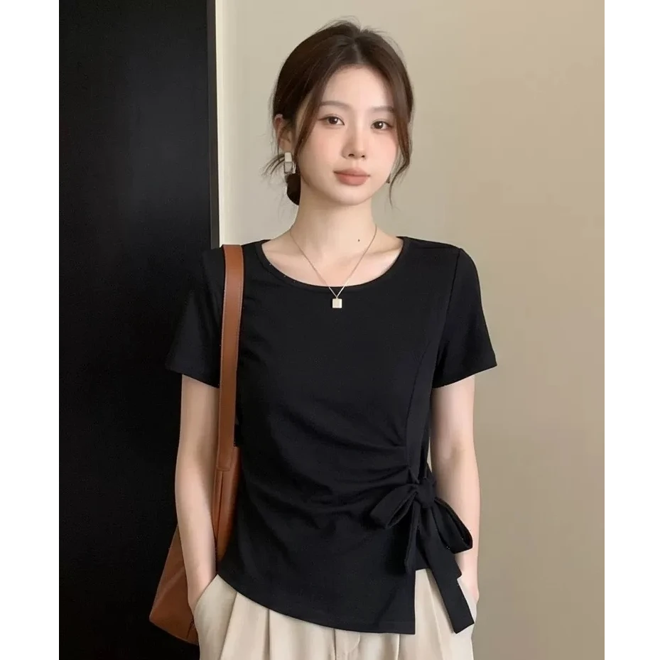 RY7922# 2026新款绑带法式减龄正肩短袖T恤女夏季胖mm显瘦气质不规则上衣