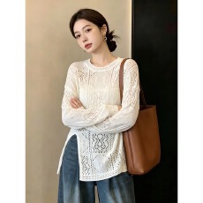 批发秋季<b class='q'>新款</b>镂空时尚开叉圆领长袖针织衫女大码宽松显瘦洋气百搭上衣