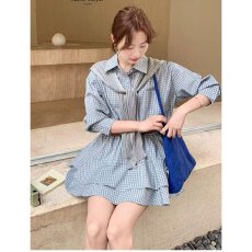 批发档口上新 2026年秋季新款女装蓝灰格纹衬衫<b class='q'>连衣裙</b>套装<b class='q'>长袖</b>翻领