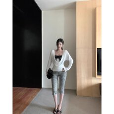 批发档口上新 2026年夏季新款复古黑白格纹<b class='q'>七分裤</b><b class='q'>女</b>修身开叉中裤百搭