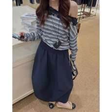批发档口上新 2026年夏季新款女士<b class='q'>条纹</b>蕾丝拼接长袖上衣半身长裙套装
