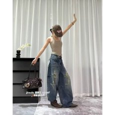 批发档口上新 2026年夏季新款<b class='q'>女</b>宽松阔腿牛仔裤假破洞水洗做旧<b class='q'>长裤</b>