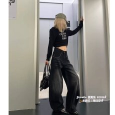 批发档口上新 2026年冬季新款高腰阔腿牛仔裤<b class='q'>女</b>宽松水波纹明线<b class='q'>长裤</b>