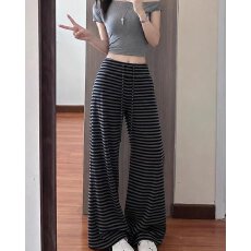 批发档口上新 2026年<b class='q'>夏</b>季新款高腰直筒阔腿长裤女休闲垂感条纹裤子