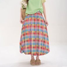 批发档口上新 2026年夏季新款女装宽松大摆格纹半身裙中长款松紧腰