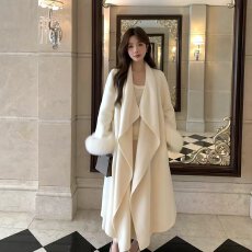 批发档口上新 2026年秋冬新款女装宽松长款大衣过膝翻领毛绒袖口腰带