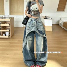 批发档口上新 2026年秋季美式重工拼接弯刀裤<b class='q'>女</b>宽松阔腿<b class='q'>牛仔裤</b>