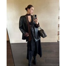 批发档口上新 2026年春季新款女装仿皮西装领外套宽松开衫长袖飘带