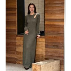 批发档口上新 2026年春秋新款女装修身长袖针织<b class='q'>连衣裙</b>圆领镂空显瘦