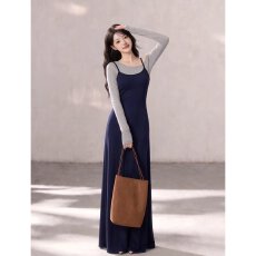 批发档口上新 2026年秋季新款女装撞色假两件<b class='q'>连衣裙</b>修身显瘦长裙