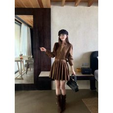 批发档口上新 2026年秋季新款女装咖色收腰百褶<b class='q'>长袖</b><b class='q'>连衣裙</b>气质显瘦