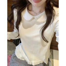 批发档口上新 2026年春季新款女装白色<b class='q'>娃娃领</b>蕾丝木耳边长袖针织上衣
