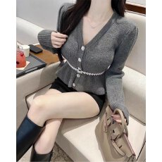 批发档口上新2026年春季新款女装V领修身针织开衫短款<b class='q'>荷叶边</b>收腰<b class='q'>毛衣</b>