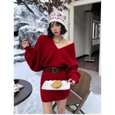 批发档口上新 2026年秋季新款女装宽松V领针织<b class='q'>连衣裙</b>短裙<b class='q'>灯笼</b>袖百搭