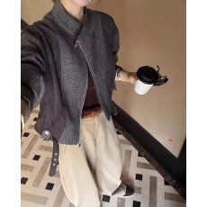 批发档口上新2026年秋季新款女装短款拼接毛呢外套立领宽松休闲工装风