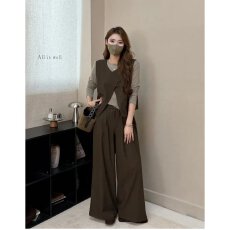 批发档口上新 2026年秋季女装复古斜扣马甲长袖打底阔腿<b class='q'>长裤</b>三件套