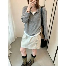 批发档口上新 韩系假两件条纹宽松长袖上衣<b class='q'>女装</b><b class='q'>加肥</b><b class='q'>加大</b>显瘦百搭
