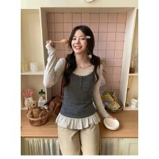 档口上新 2026年夏季新款女士假两件吊带衫蕾丝拼接长袖打底上衣