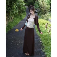 档口上新 2026年夏季复古风针织开衫蕾丝吊带高腰长裙三件套女装