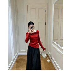 档口上新 2026年夏季法式度假风针织上衣女长袖修身波浪边设计感