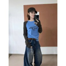 批发档口上新 2026年夏季新款女<b class='q'>装</b>圆领插肩袖撞色字母印花长袖T恤上衣