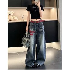批发档口上新 2026夏季新款女士复古高腰宽松阔腿牛仔长裤水洗刺绣