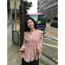 批发档口上新 2026夏季新款女装V领抽褶系带宽松雪纺衫长袖上衣百搭