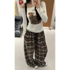 批发档口上新 春秋季女装高腰松紧腰抽绳格纹阔腿休闲长<b class='q'>裤</b>垂感拖地<b class='q'>裤</b>