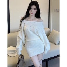 批发档口上新 2026春秋季女装<b class='q'>一字肩</b>针织连衣短裙烫钻包臀毛衣裙