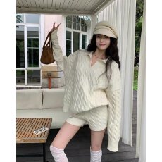 批发档口上新 2026春秋季女装宽松翻领针织衫麻花<b class='q'>短裤</b>两件套毛衣套装