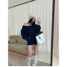 批发档口上新 春秋季女装慵懒风斜肩长袖针织上衣高腰<b class='q'>短裤</b>两件套毛衣