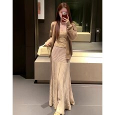 批发档口上新2026春秋季女装针织开衫蕾丝吊带半身长裙三件套宽松百搭