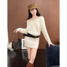 批发档口上新 2026春秋季女装斜肩铆钉修身包臀针织连衣短裙毛衣裙