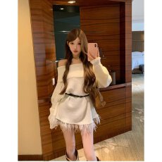 批发档口上新2026年春秋季女装一字肩针织<b class='q'>连衣裙</b><b class='q'>流苏</b>毛须短裙宽松显瘦