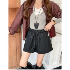 批发档口上新 2026夏季新款女士高腰松紧腰抽绳宽松A字阔腿仿<b class='q'>皮短裤</b>