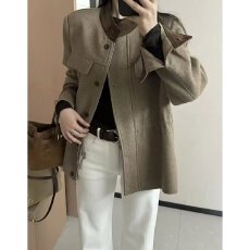 批发档口上新 2026年秋冬新款<b class='q'>女装</b>中长款毛呢<b class='q'>外套</b>撞色拼接抽绳大衣