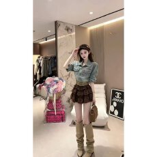 批发档口上新 2026年<b class='q'>夏</b>季女装复古牛仔衬衫套装高腰荷叶边短裙两件套