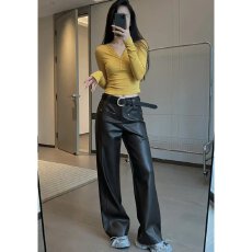 批发档口上新 2026年<b class='q'>春</b>秋新款女装高腰阔腿直筒皮裤宽松垂感长裤
