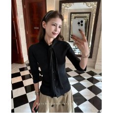 批发档口上新 2026年夏季新款女装针织衫修身<b class='q'>七分袖</b>飘带领结薄款上衣