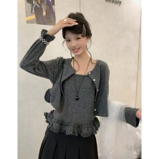 批发档口上新 2026年秋季新款女装针织开衫两件套<b class='q'>荷叶边</b>短款<b class='q'>毛衣</b>