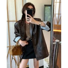 批发档口上新 2026秋季新款<b class='q'>女</b>装宽松落肩皮夹克<b class='q'>西装</b>领中<b class='q'>长款</b>外套